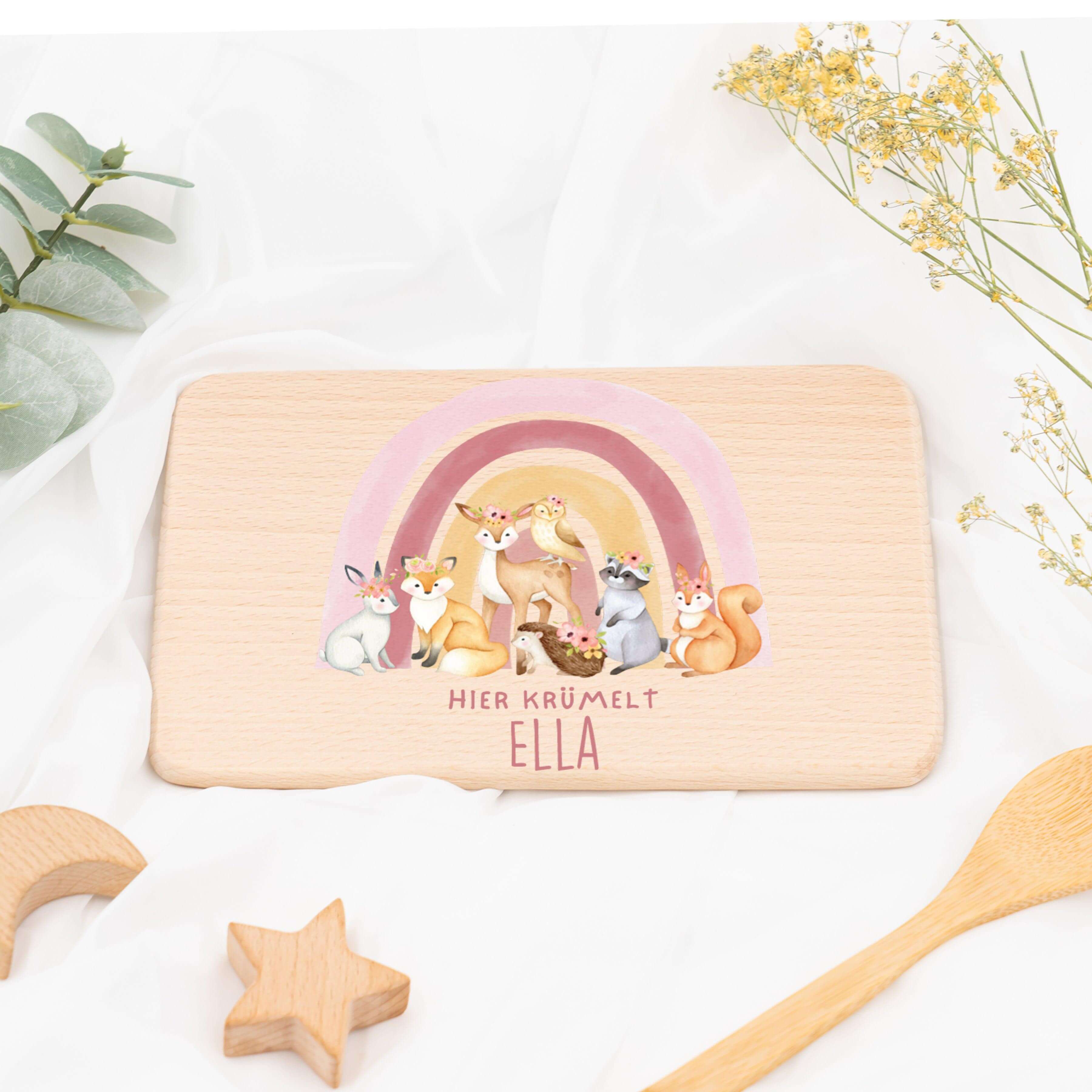 personalisiertes frühstücksbrettchen mit regenbogen-waldtiere design