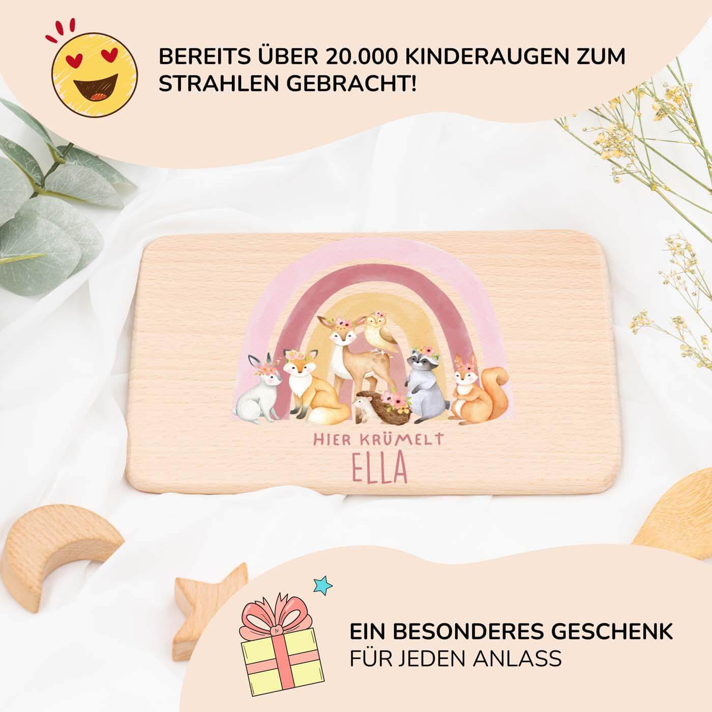 hochwertiges frühstücksbrettchen mit regenbogen-waldtiere personalisiert