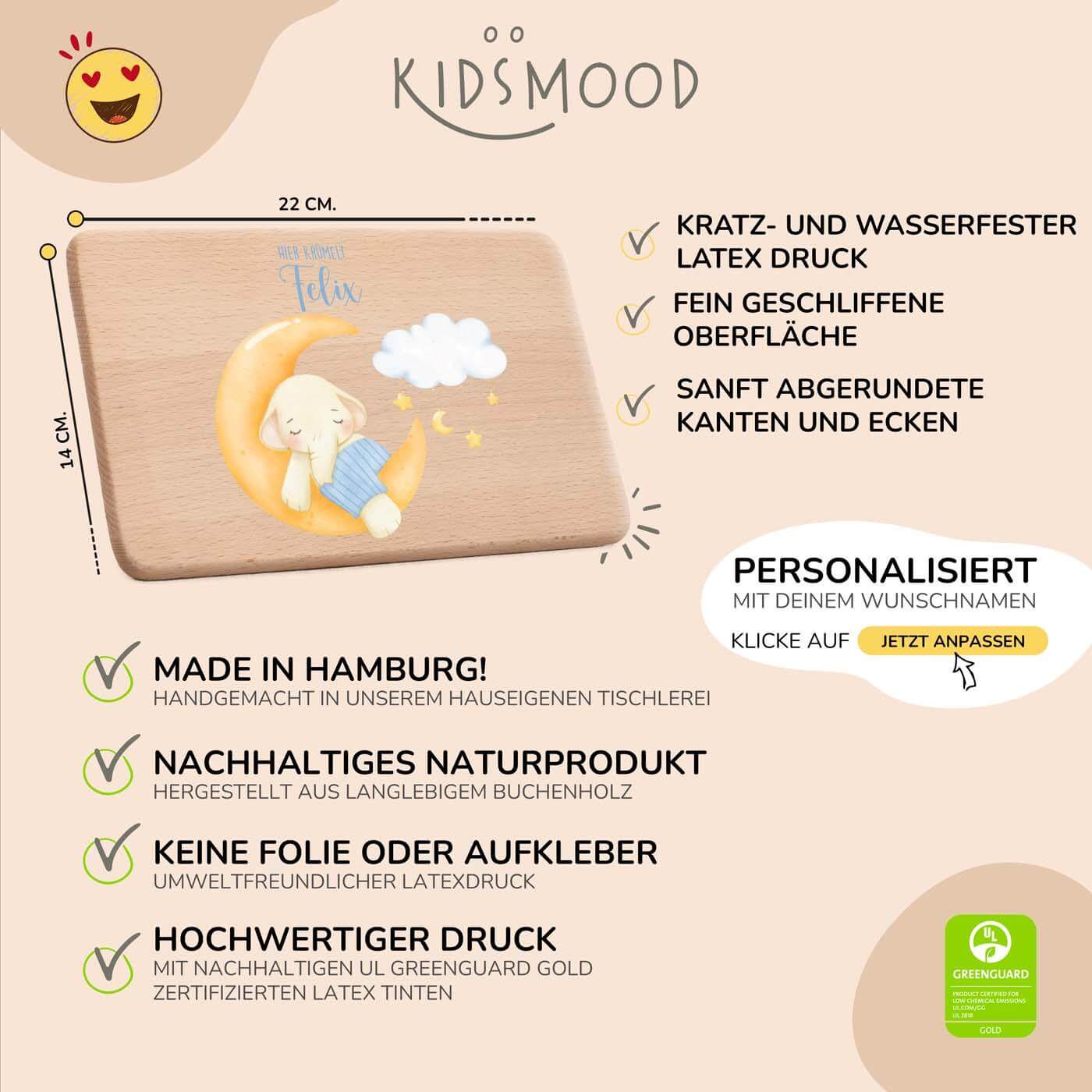 detailansicht der gravur auf dem frühstücksbrettchen mit süßem elefant