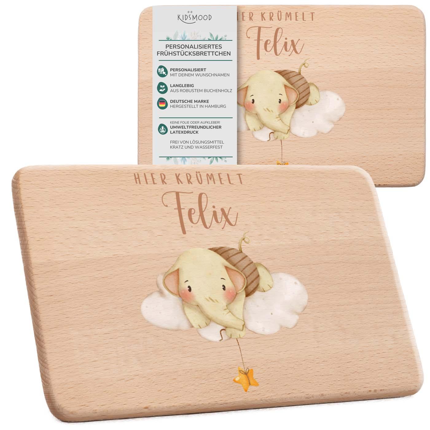 personalisiertes geschenk frühstücksbrettchen mit elefant auf wolken design