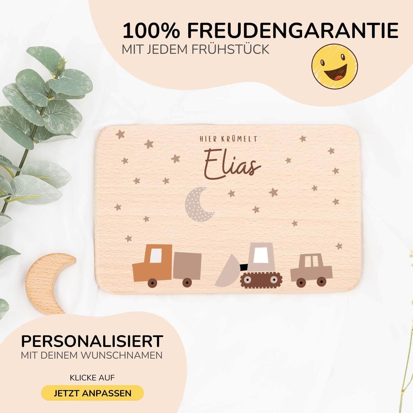 nahaufnahme des frühstücksbrettchens mit baustelle motiv