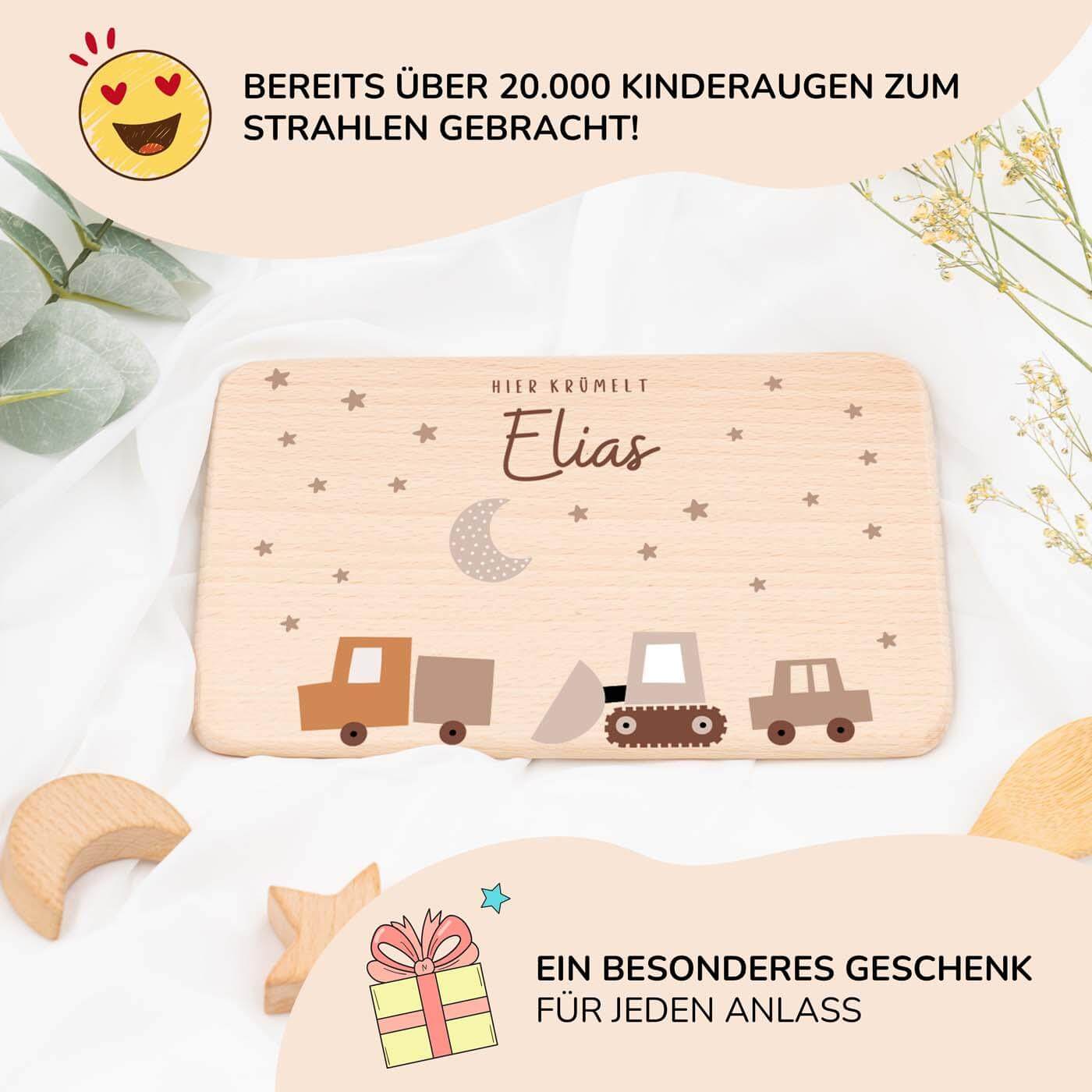 handgefertigtes frühstücksbrettchen mit baustelle gravur
