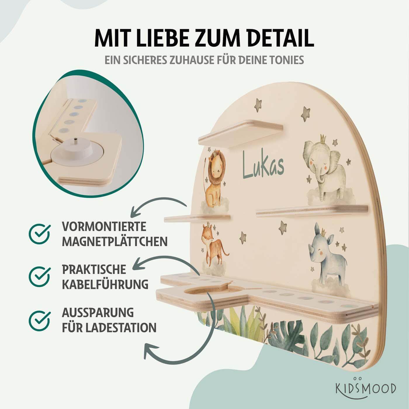 detailansicht der gravur auf dem tonie-regal mit jungle tierfamilie