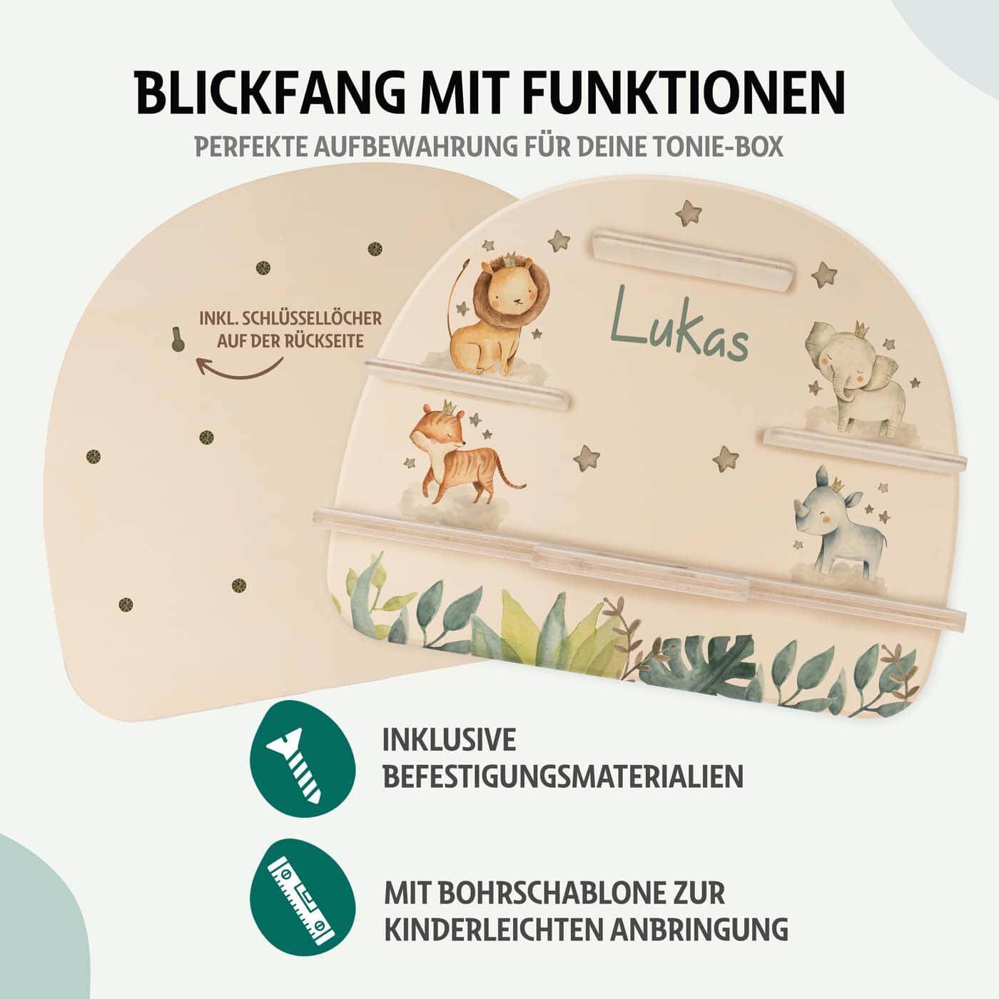 personalisiertes tonie-regal aus holz mit jungle tierfamilie