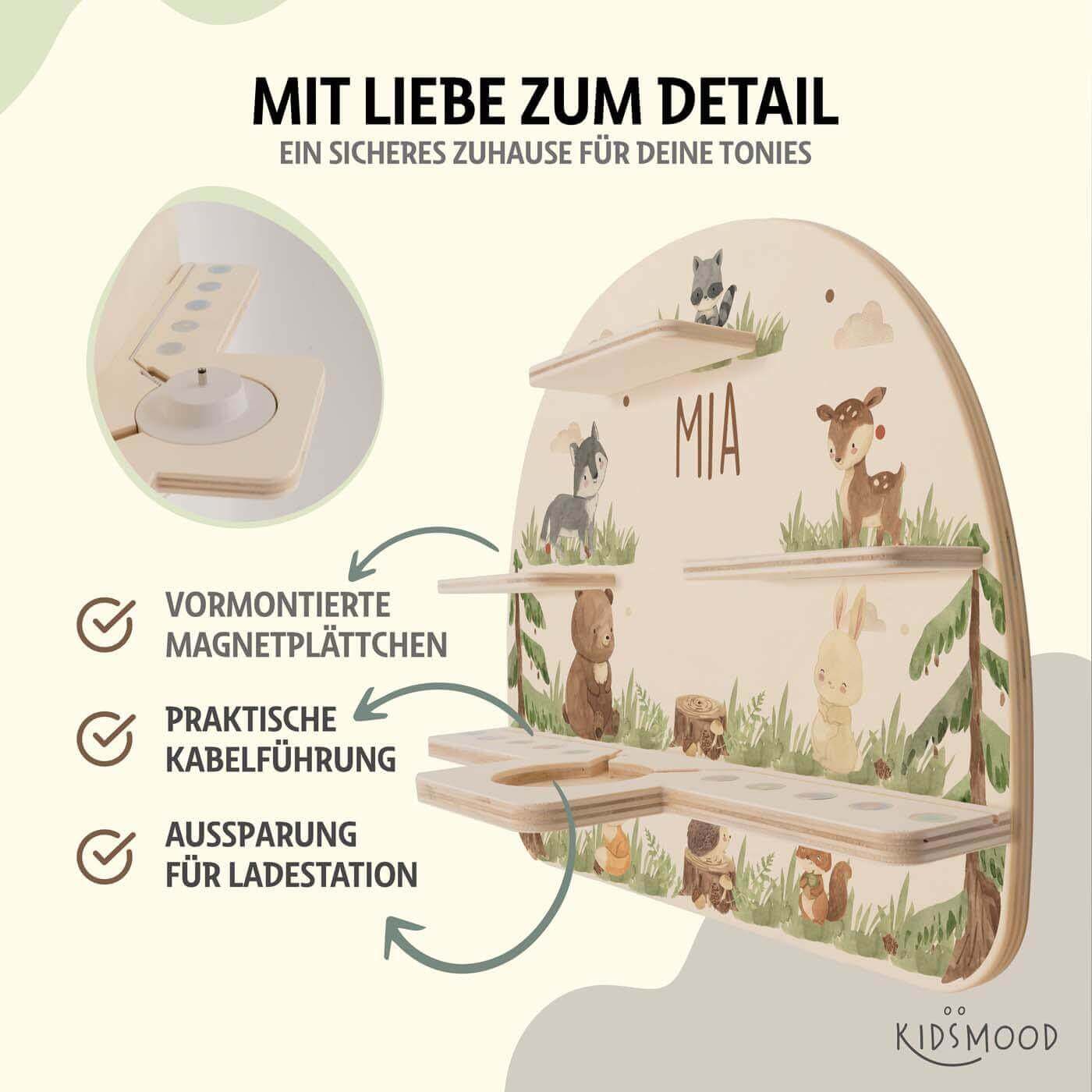 detailansicht der gravur auf dem tonie-regal mit waldtiere