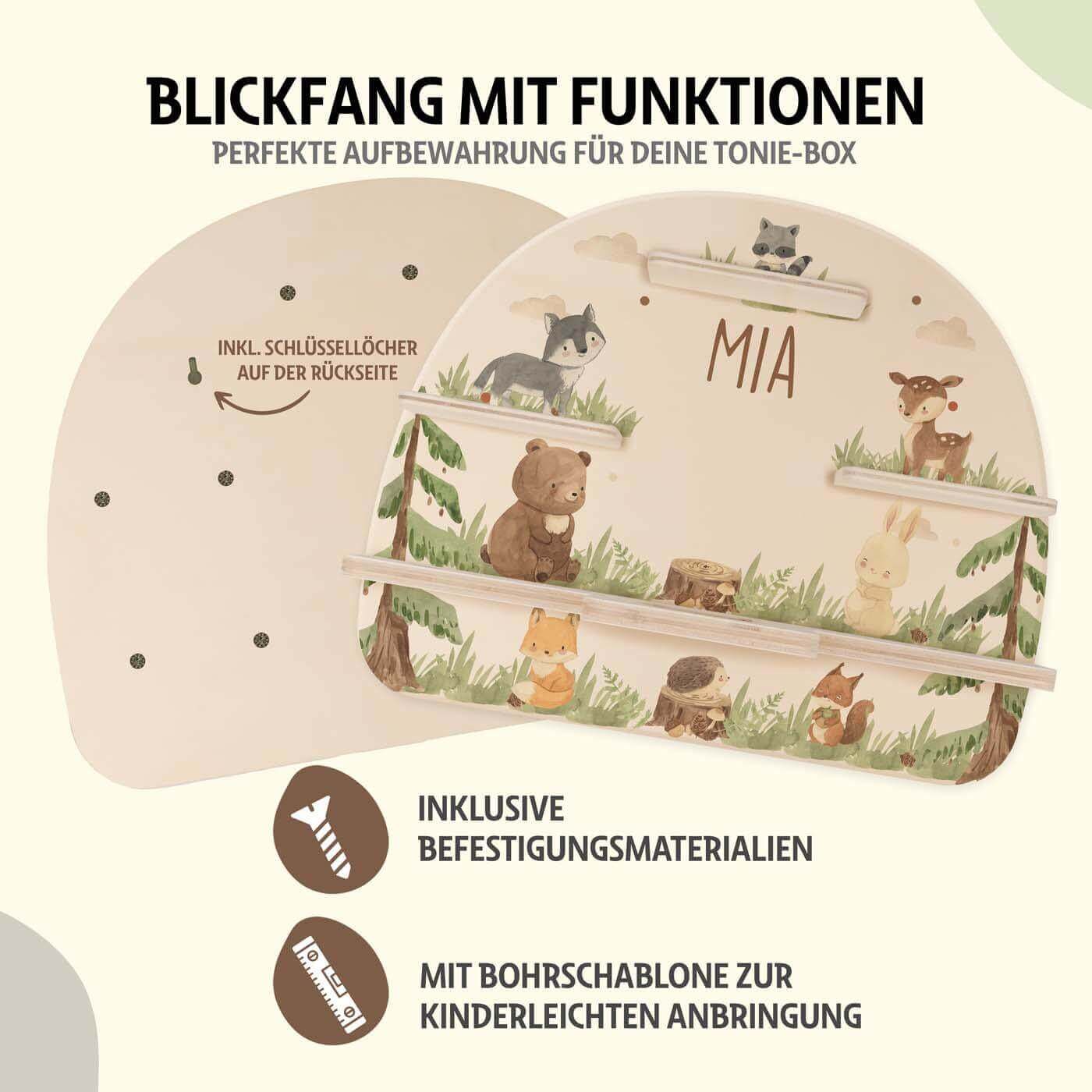 personalisiertes tonie-regal aus holz mit waldtiere