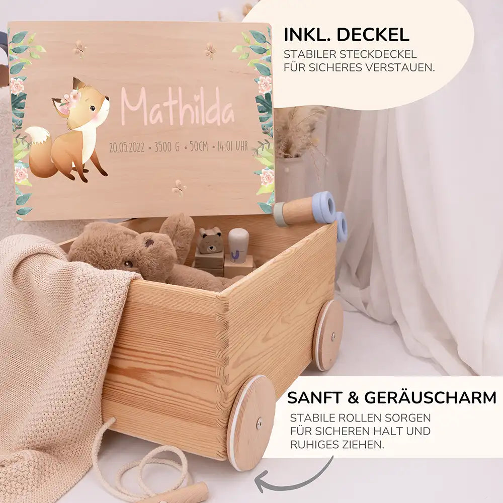 Spielzeugkiste mit Rädern personalisiert - Fuchs