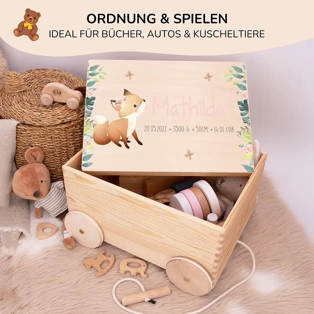 Spielzeugkiste mit Rädern personalisiert - Fuchs