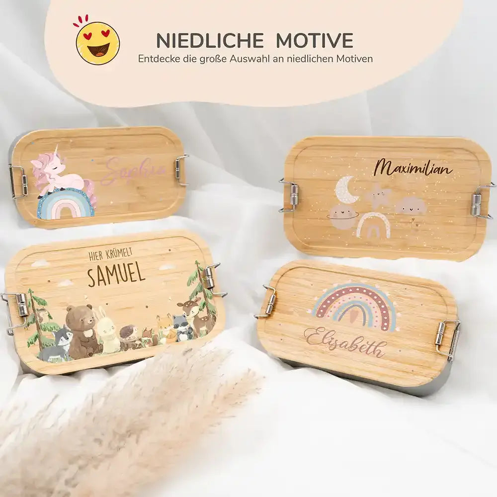 nahaufnahme der brotdose mit mond, wolke, stern und regenbogen motiv
