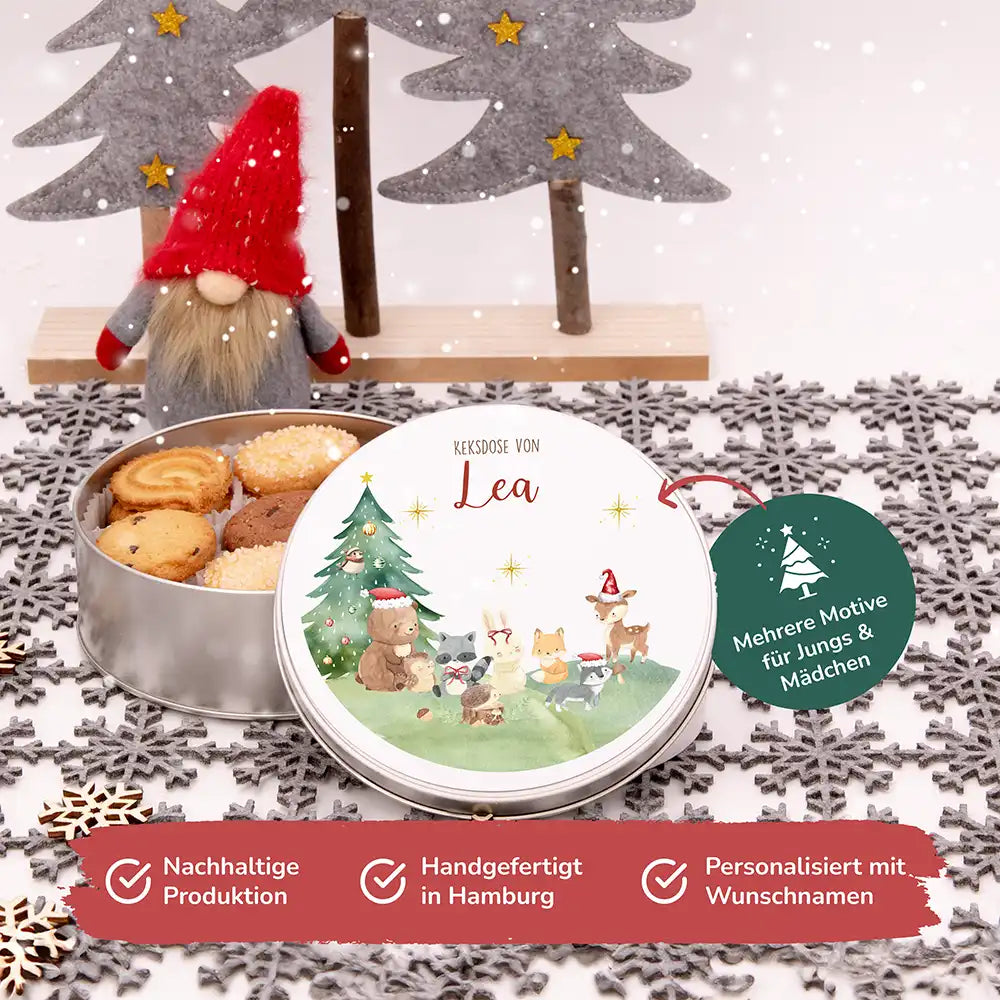 Keksdose aus Metal personalisiert - Kleine Waldbewohner im Weihnachtsglanz