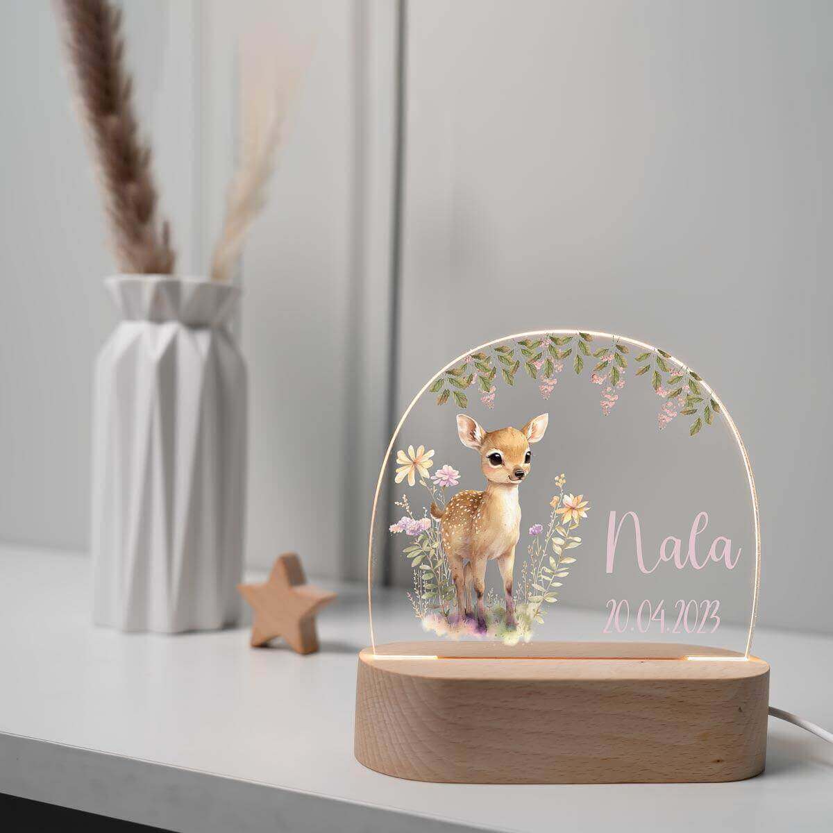 engraved night lamp with deer and custom name