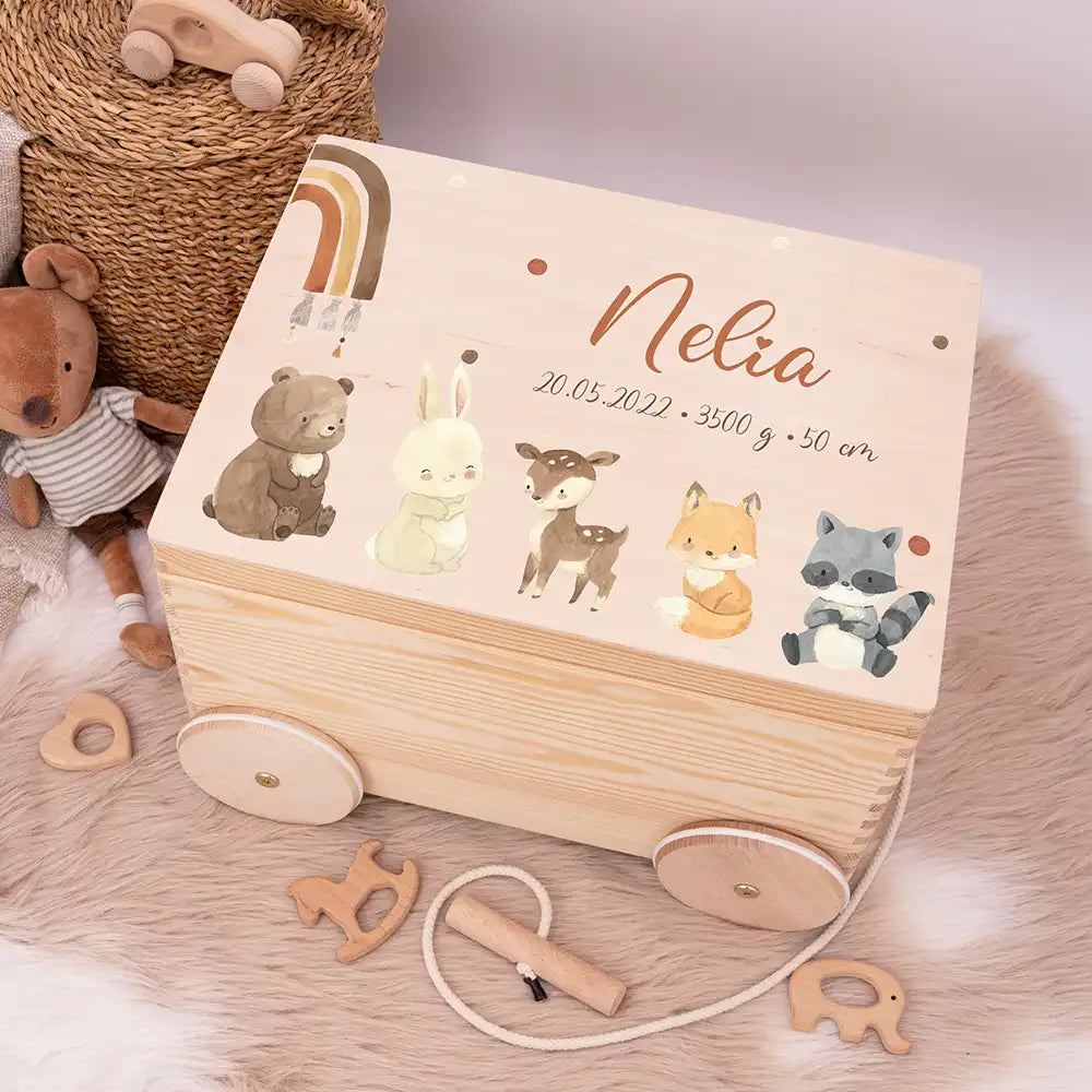 Spielzeugkiste mit Rädern personalisiert - Tierfreunde