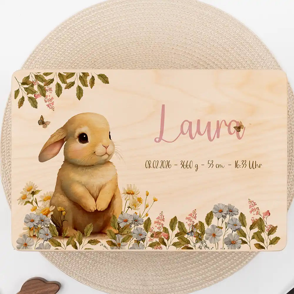 Boîte à souvenirs bébé personnalisée Petit lapin – gros plan du couvercle avec prénom et données de naissance