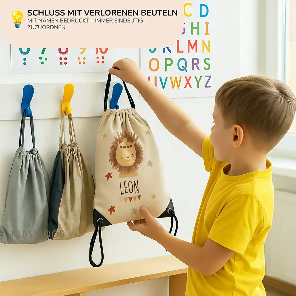 Personalisierter Turnbeutel mit Namen - Löwe mit Kranz