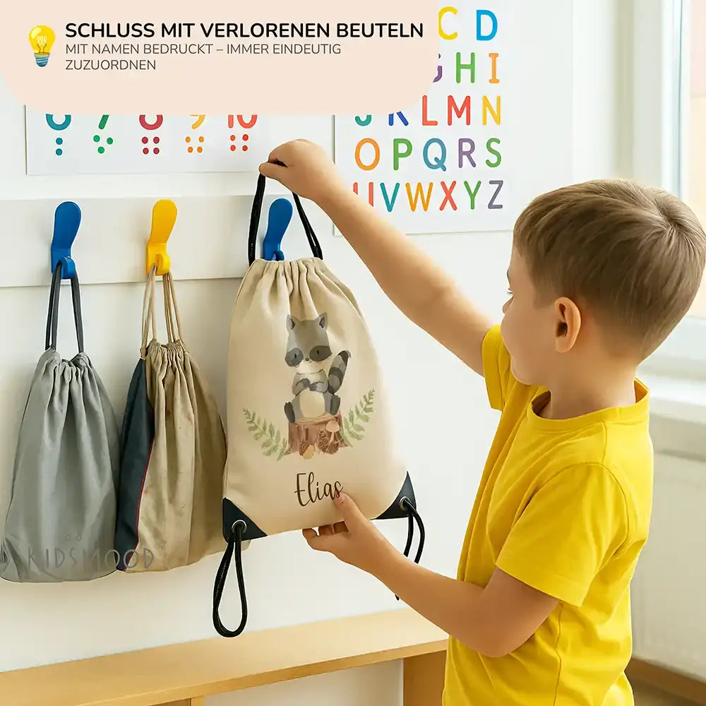 Personalisierter Turnbeutel mit Namen - Waschbär
