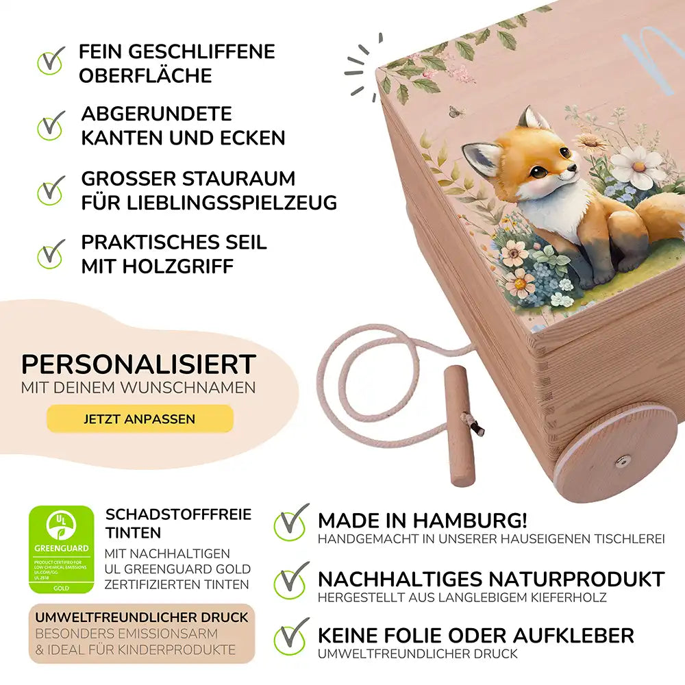 Spielzeugkiste mit Rädern personalisiert - Fuchs