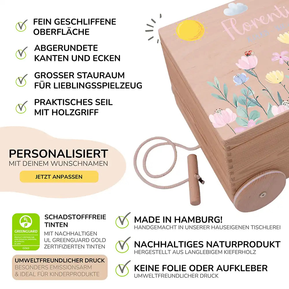 Spielzeugkiste mit Rädern personalisiert - Blumenwiese