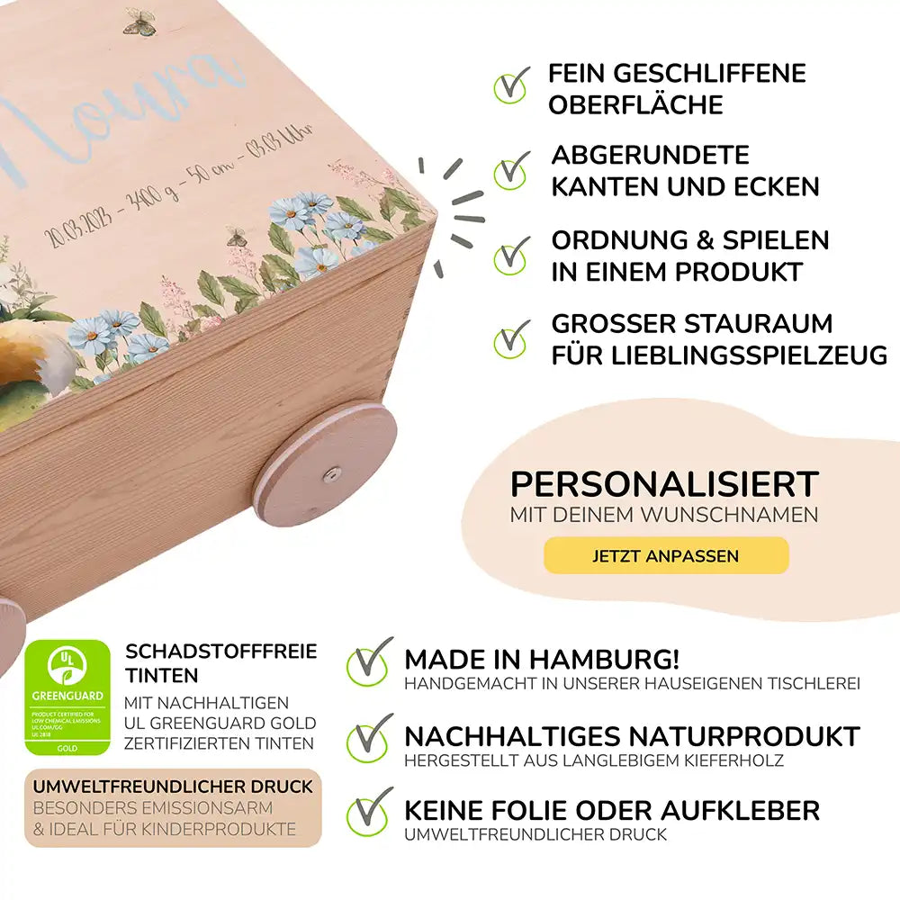 Spielzeugkiste mit Rädern personalisiert - Fuchs