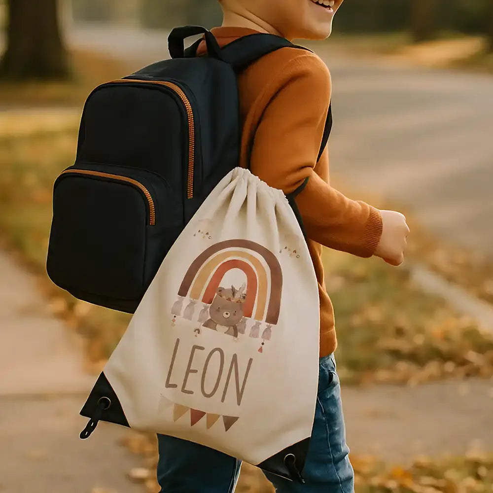 Personalisierter Turnbeutel mit Namen - Boho Bär Regenbogen
