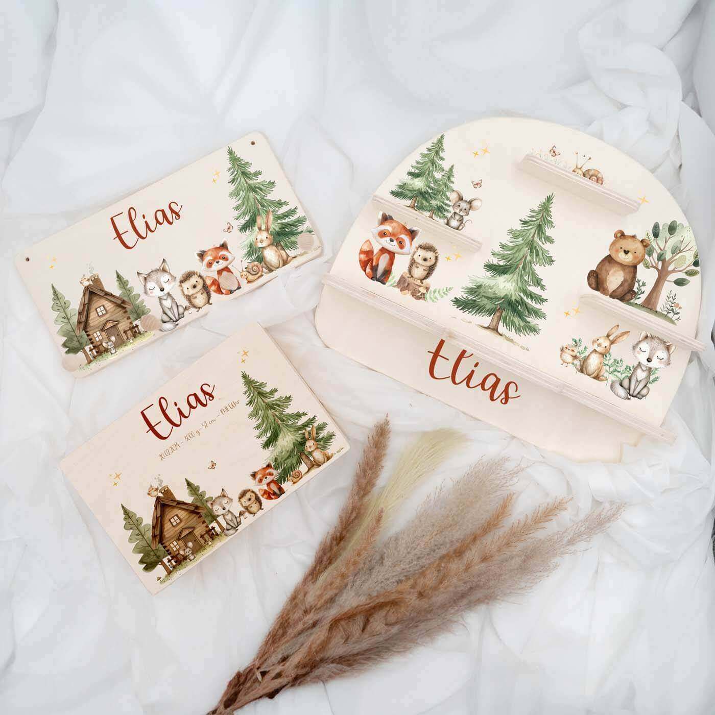 waldtier-bundle mit personalisierter erinnerungskiste tonieboxregal und garderobe