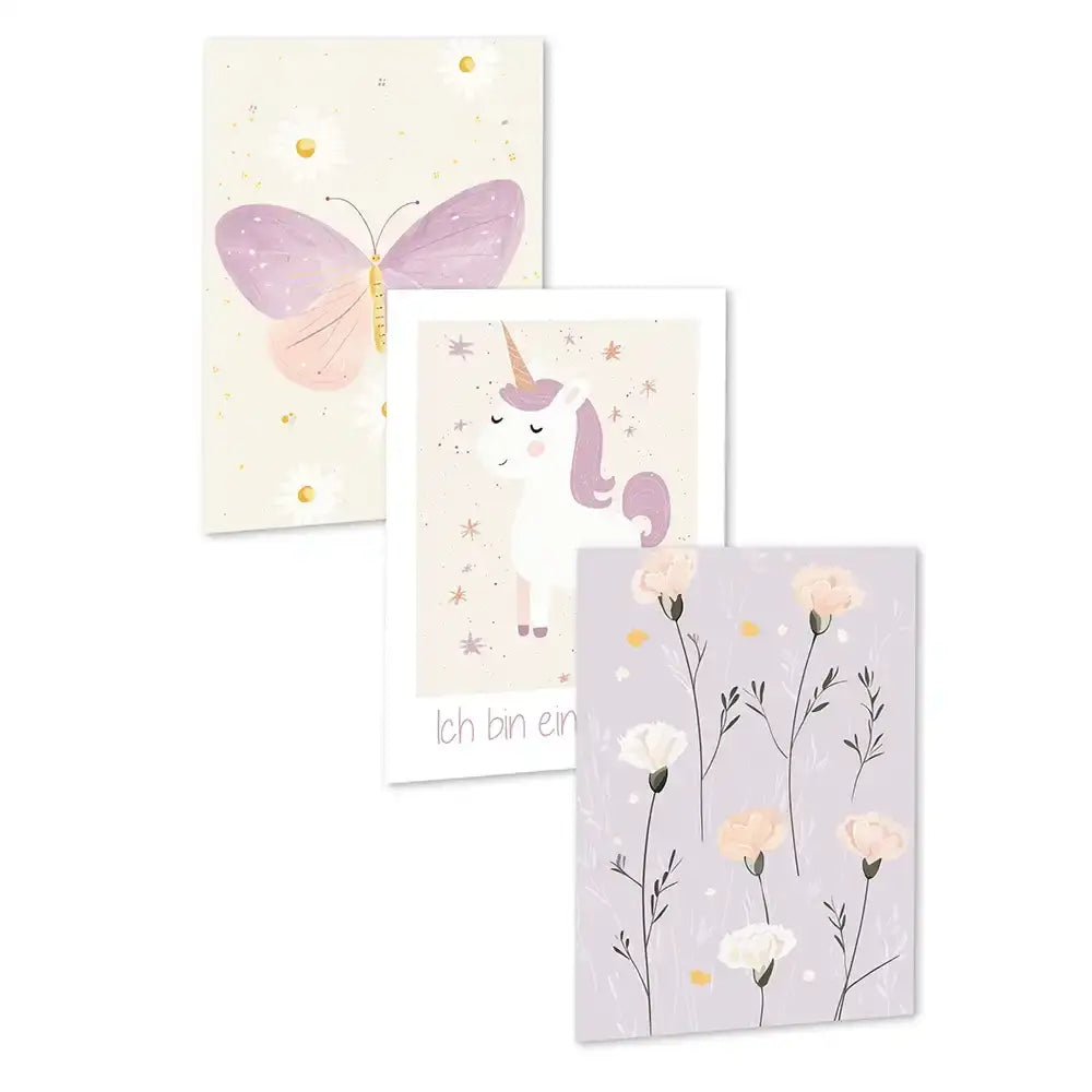 Poster 3er-Set - Schmetterling, Einhorn & Blumen fürs Kinderzimmer