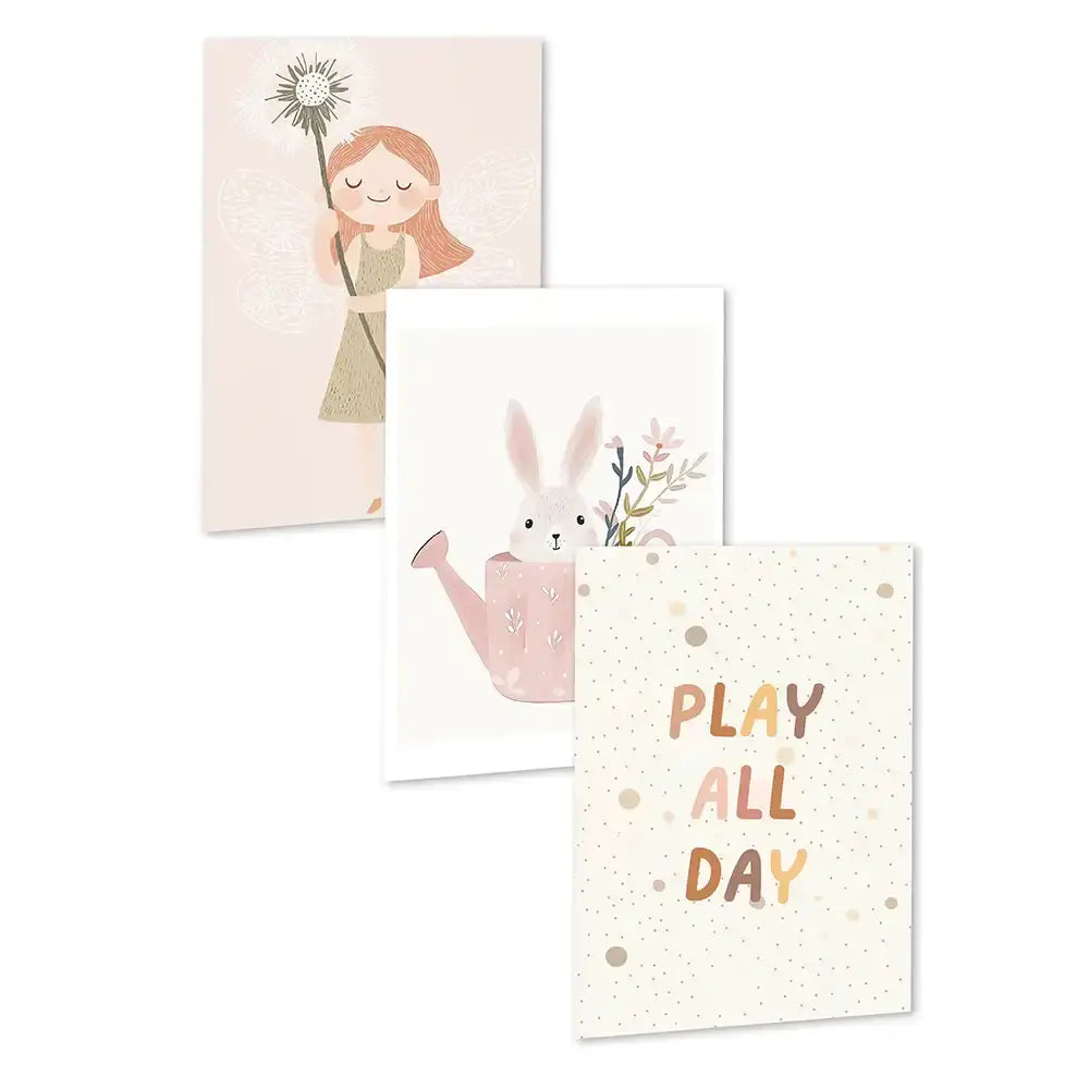 Poster 3er-Set - Engel, Häschen & "Play All Day" fürs Kinderzimmer
