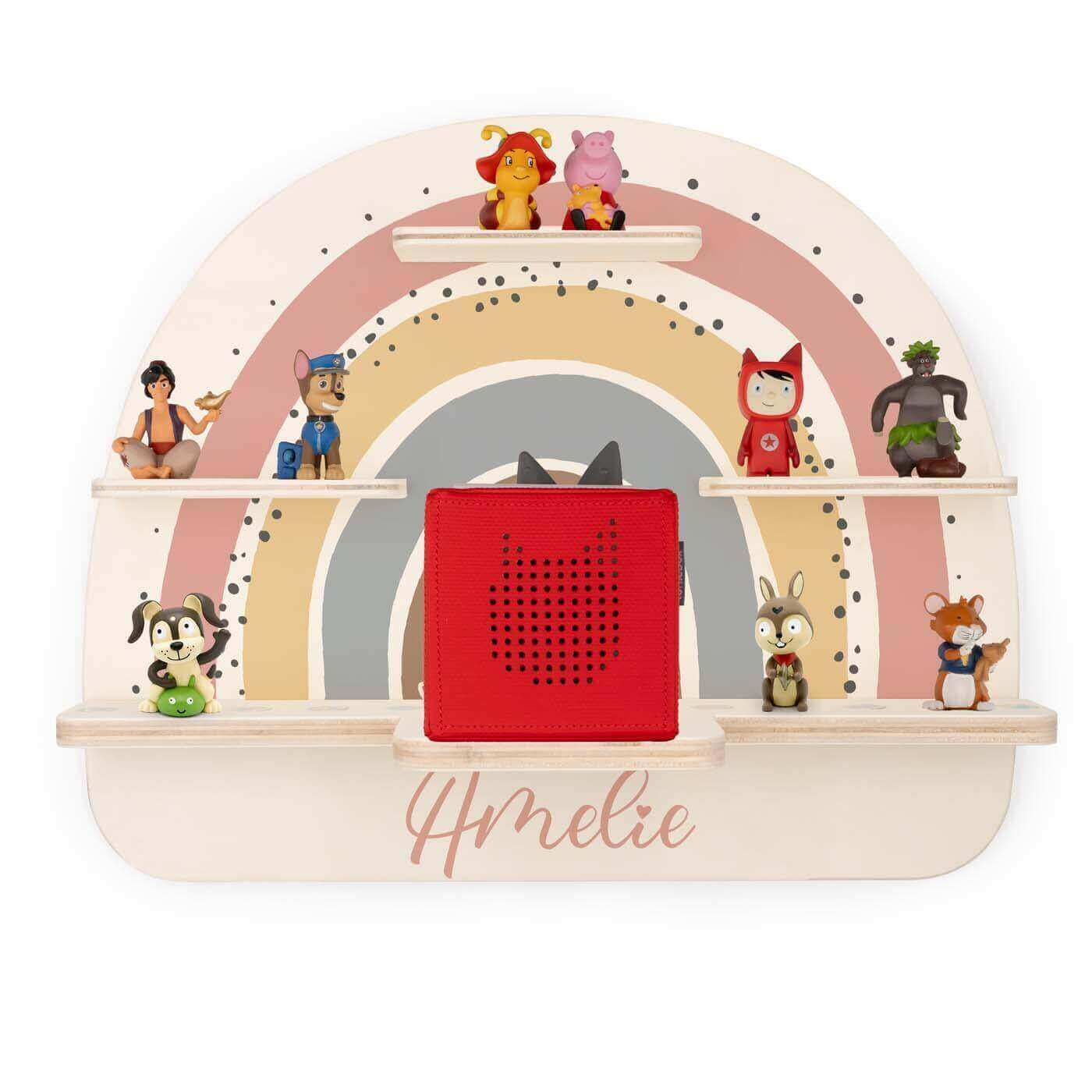 personalized wooden Tonie shelf with rainbow design