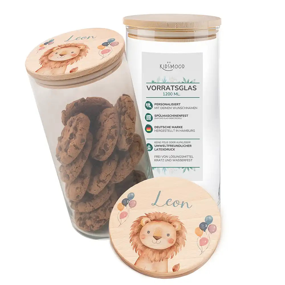 Vorratsglas mit Tierdesign - Kinderzimmer Aufbewahrung mit Namen - 1200ml groß Löwe