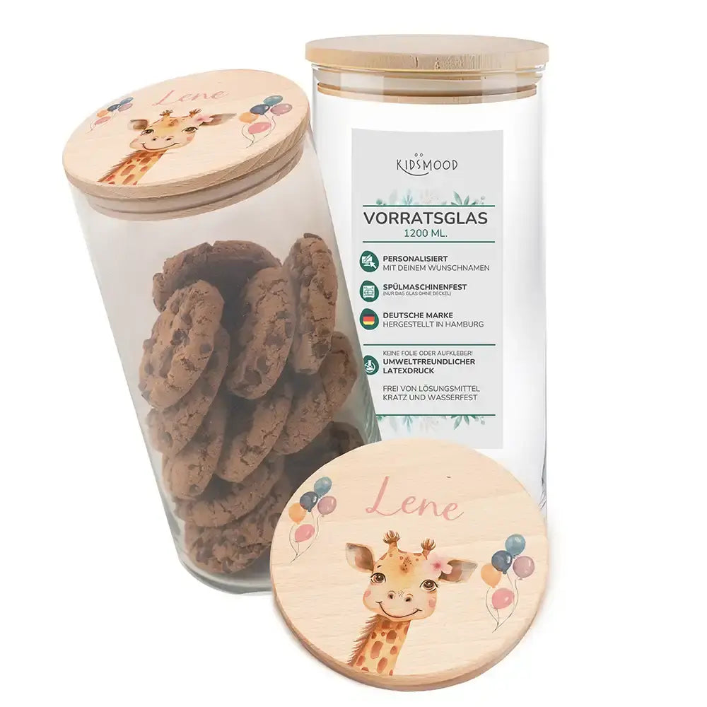 Vorratsglas mit Tierdesign - Kinderzimmer Aufbewahrung mit Namen - 1200ml groß Giraffe