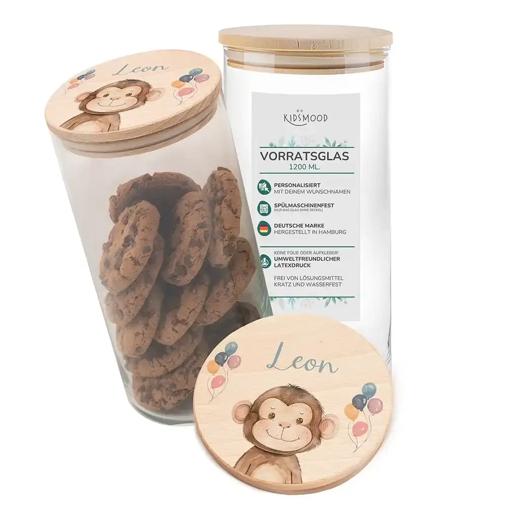 Vorratsglas mit Tierdesign - Kinderzimmer Aufbewahrung mit Namen - 1200ml groß Affe