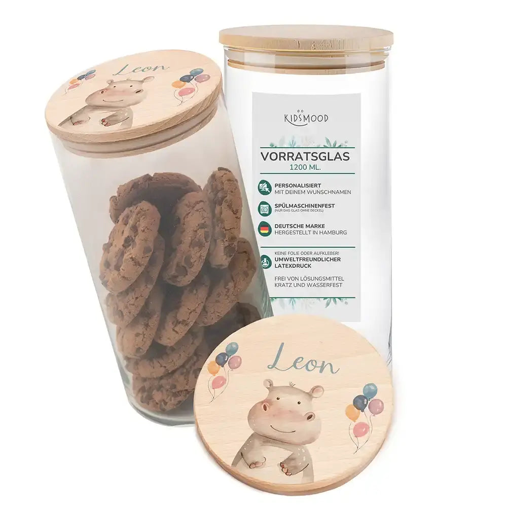 Vorratsglas mit Tierdesign - Kinderzimmer Aufbewahrung mit Namen - 1200ml groß Nilpferd