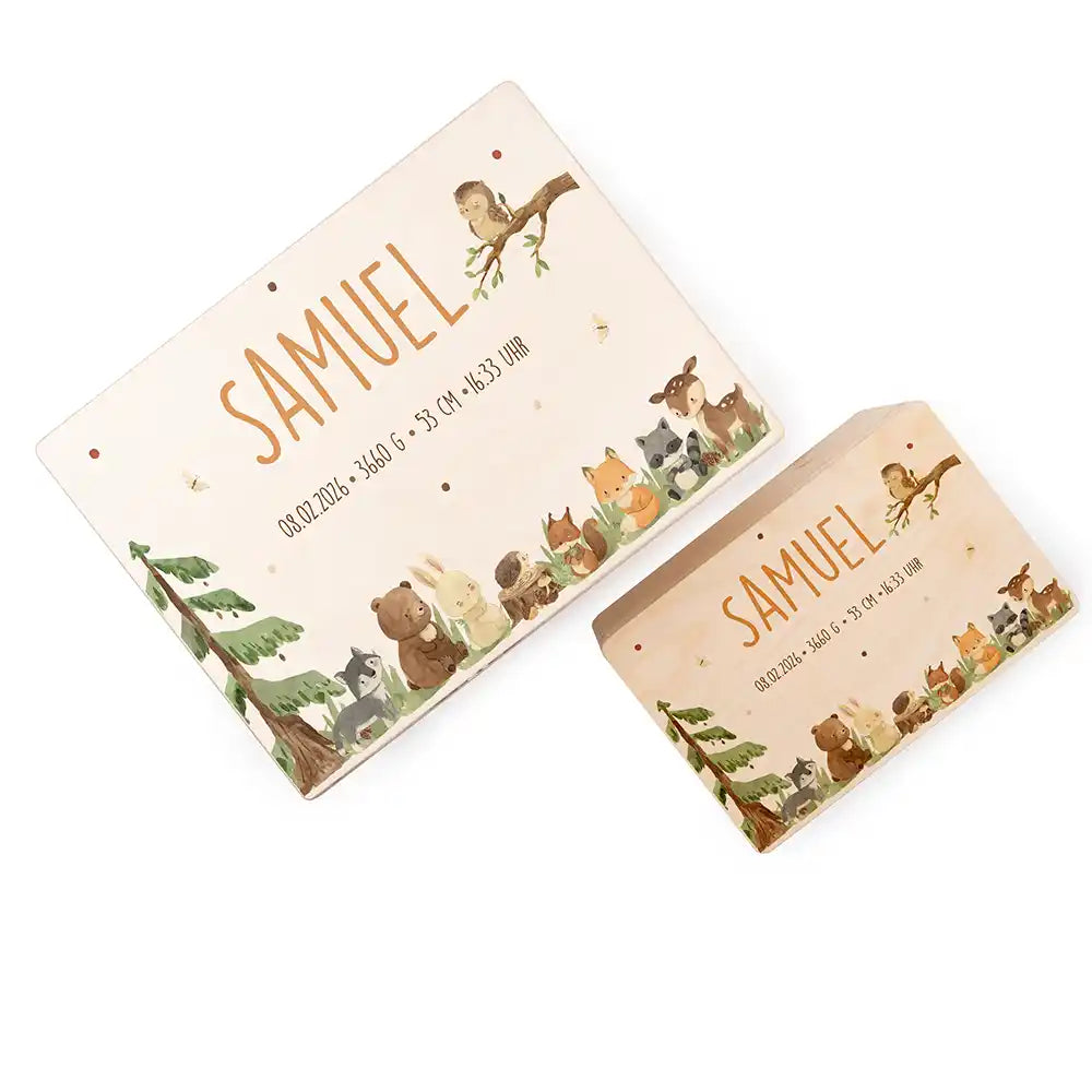 Boîte à souvenirs bébé personnalisée Animaux de la forêt – coffret fermé sur fond blanc