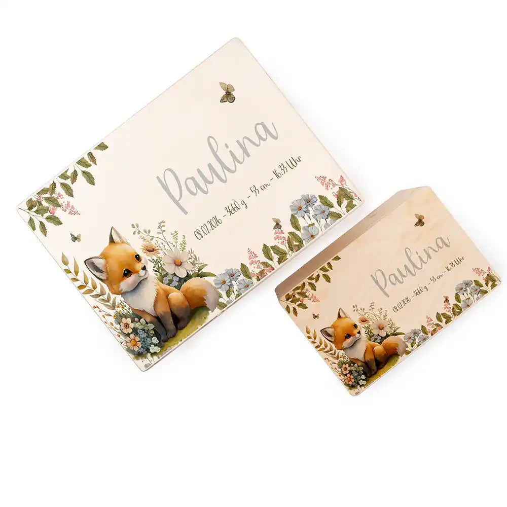Boîte à souvenirs bébé personnalisée Bébé renard – coffret fermé sur fond blanc