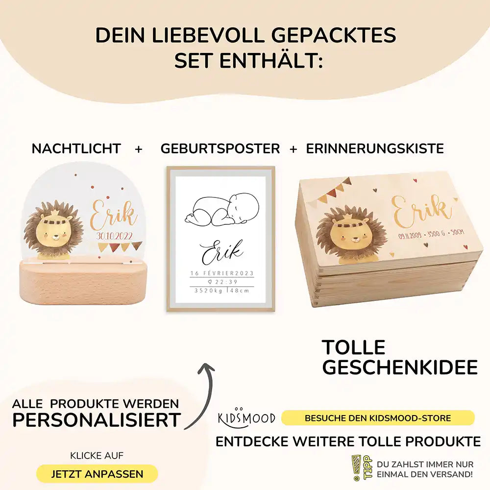 Willkommen auf der Welt – Geschenkset "Boho Löwe" | Geschenk zur Geburt