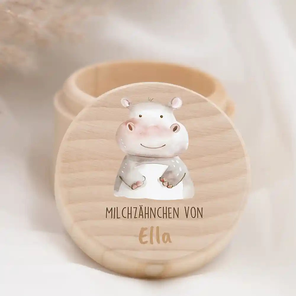 Zahndose Milchzähne personalisiert - Holz Zahnbox mit Wunschnamen - Nilfperd