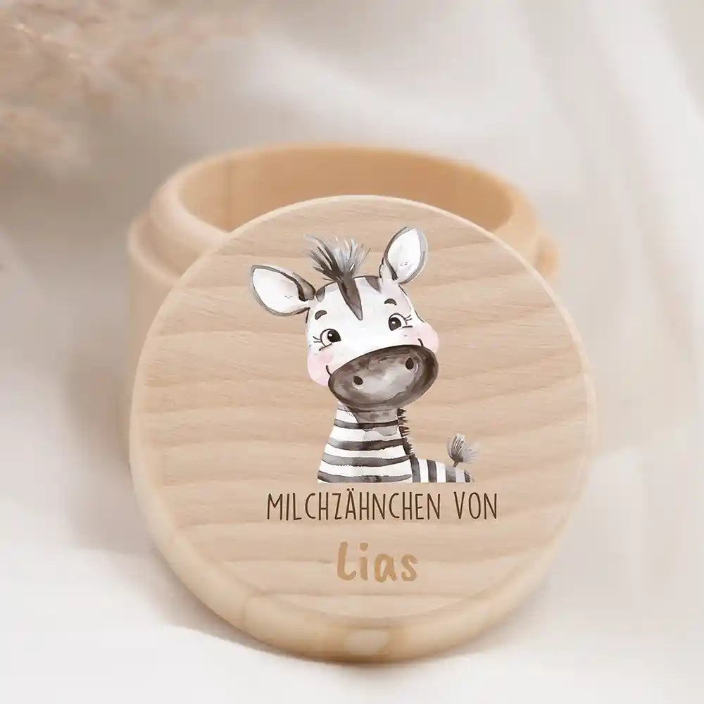 Zahndose Milchzähne personalisiert - Holz Zahnbox mit Wunschnamen - Zebra