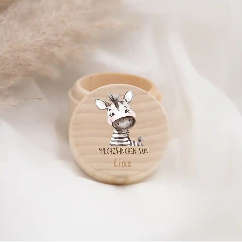 Zahndose Milchzähne personalisiert - Holz Zahnbox mit Wunschnamen - Zebra