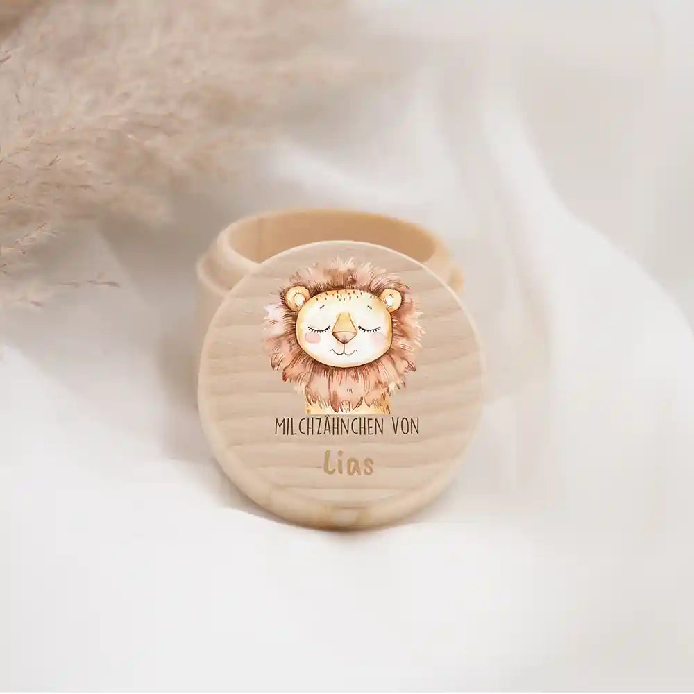Zahndose Milchzähne personalisiert - Holz Zahnbox mit Wunschnamen - Löwe