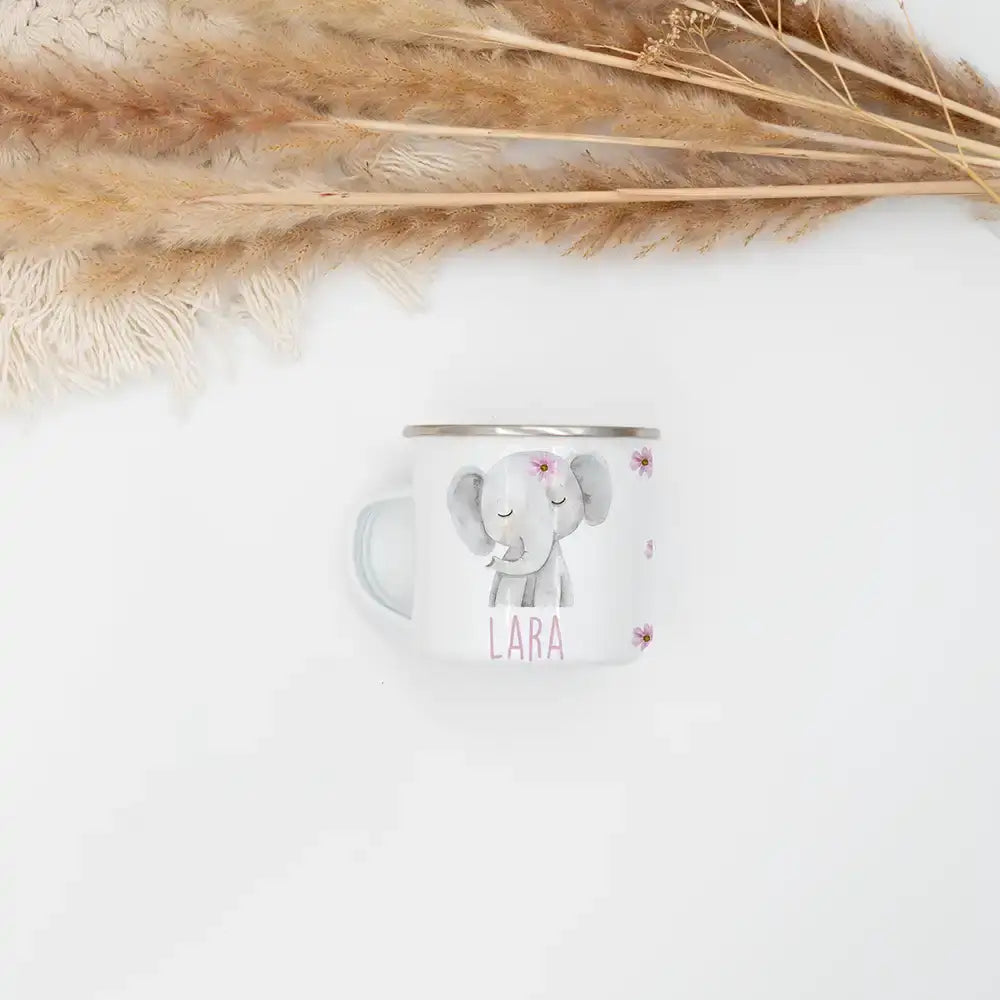 Emaille Tasse personalisiert - Elefant mit Blumen