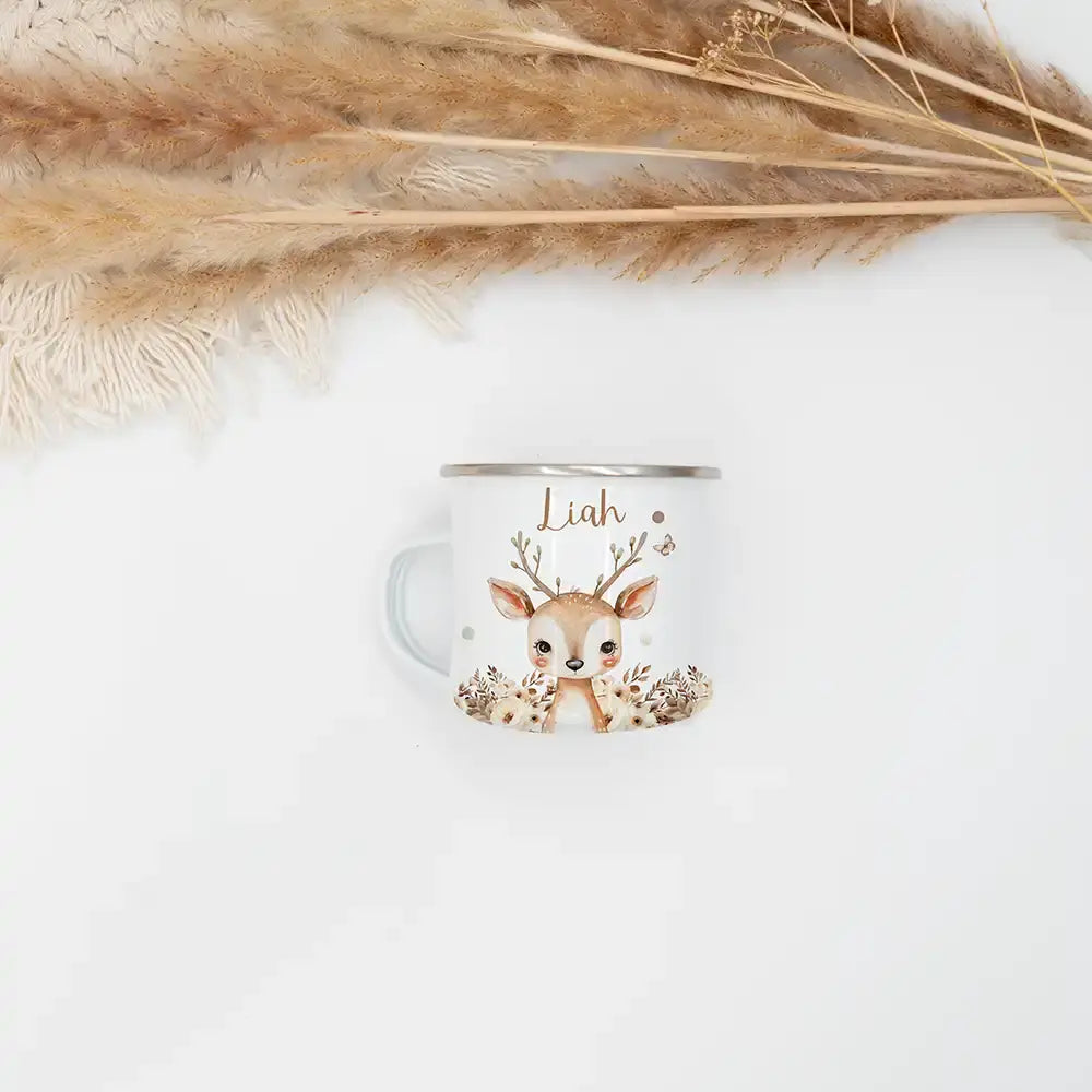Emaille Tasse personalisiert - Rentier mit Blumen