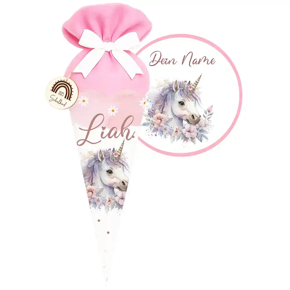 Personalisierte Schultüte mit Namen - Einhorn rosa