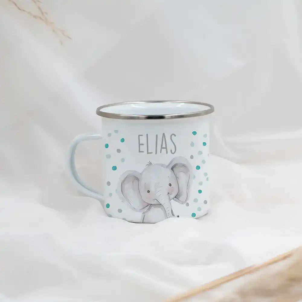 Emaille Tasse personalisiert - Elefant mit Punkten