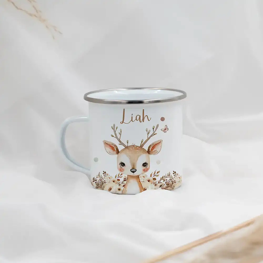 Emaille Tasse personalisiert - Rentier mit Blumen