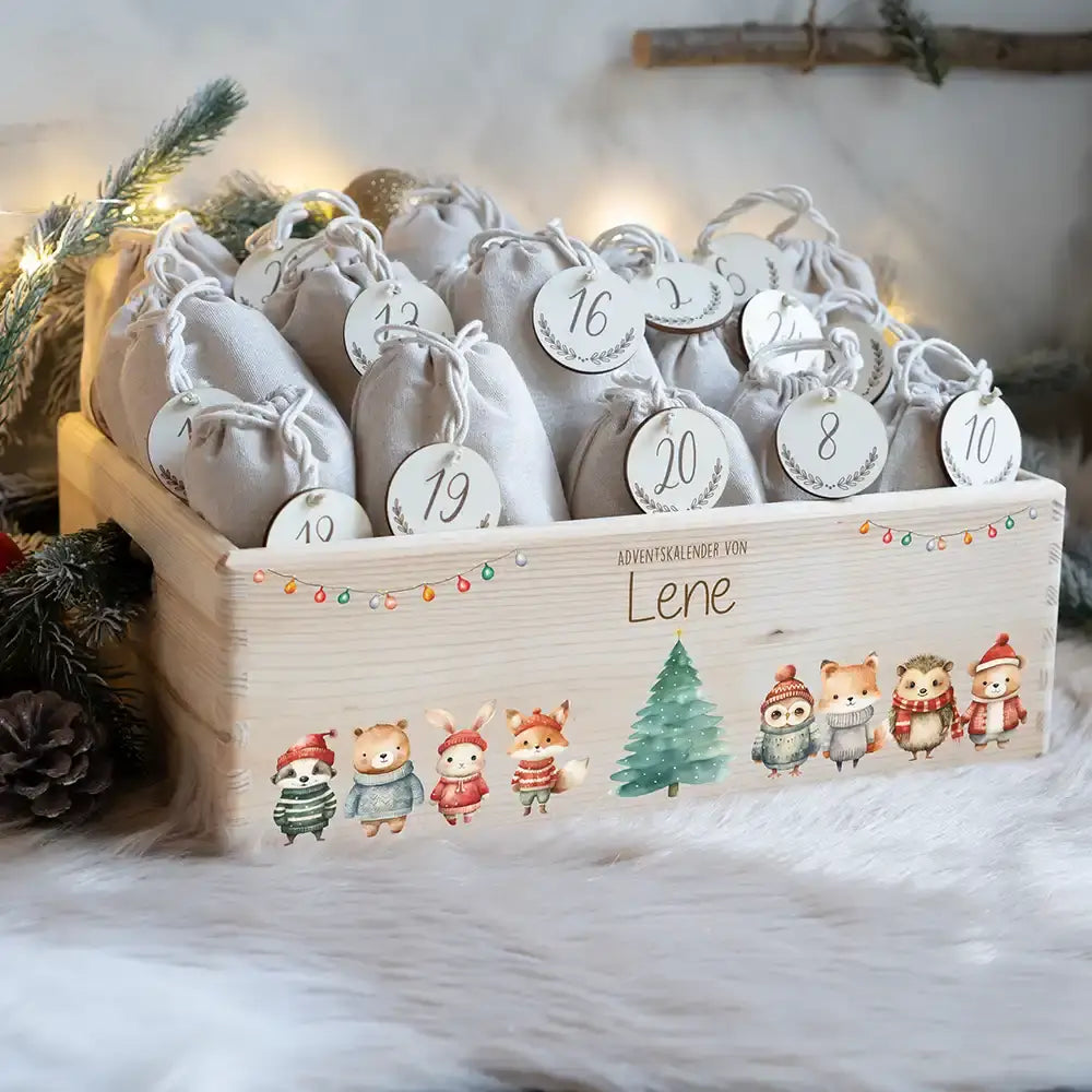 Adventskalender zum befüllen "Weihnachten mit Tieren und Lichterkette" personalisiert