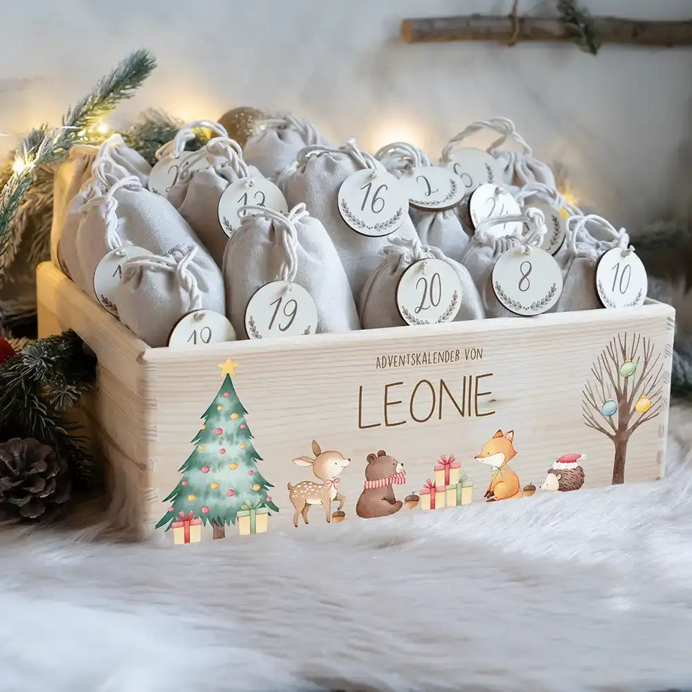 Adventskalender zum befüllen "Waldtiere um den Weihnachtsbaum" personalisiert