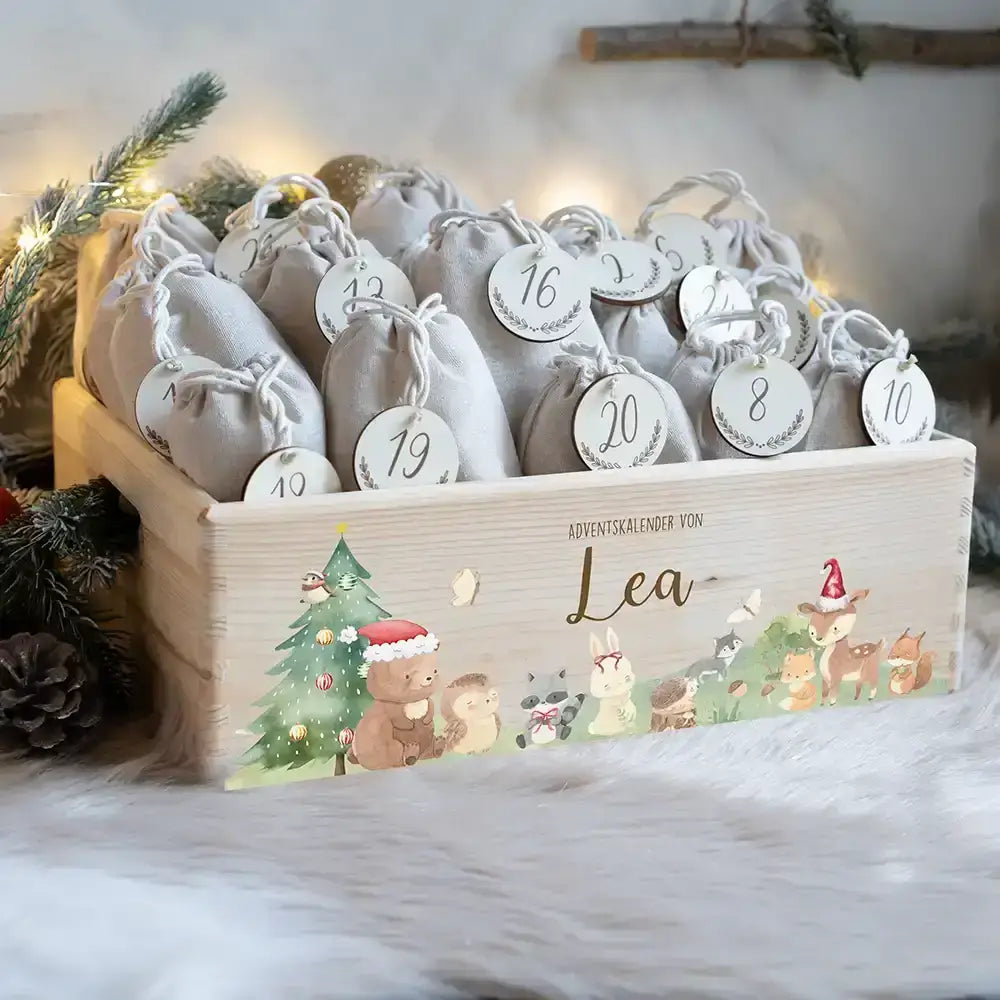 Adventskalender zum befüllen "Weihnachten mit winterlichen Tierfreunden" personalisiert