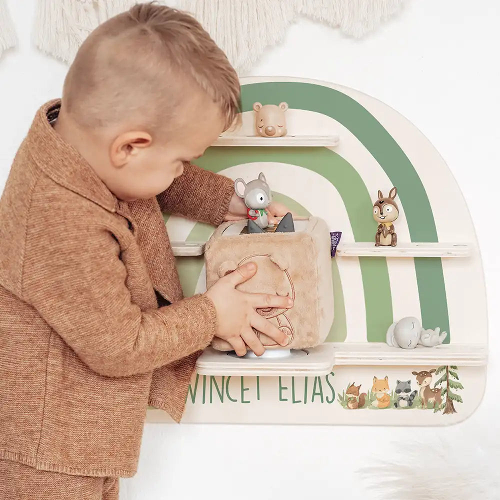 Tonie Regal aus Holz, Toniebox Regal personalisiert Bunter Regenbogen