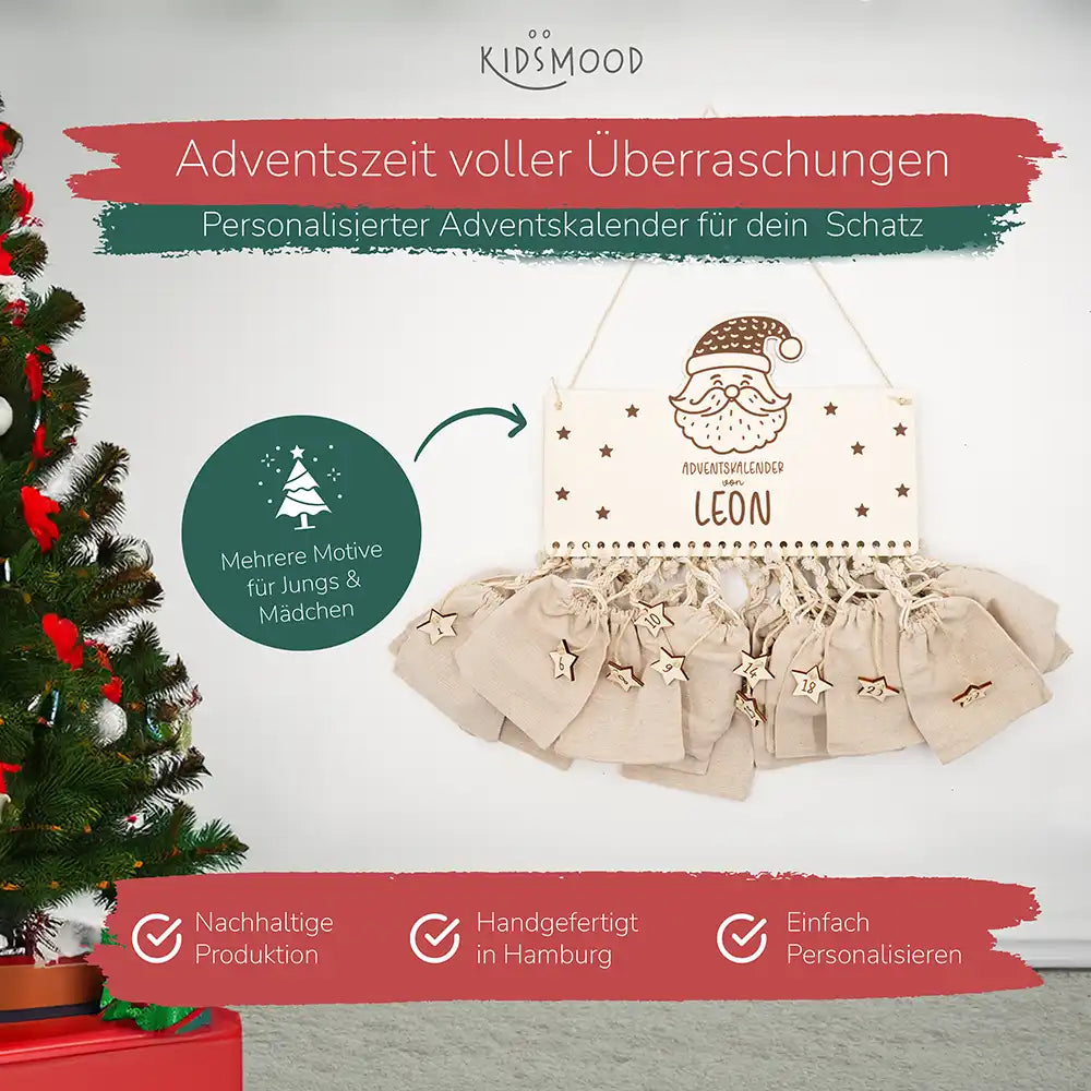 Personalisierbarer Adventskalender "Weihnachtsmann" - Holz & Jute für Kinder