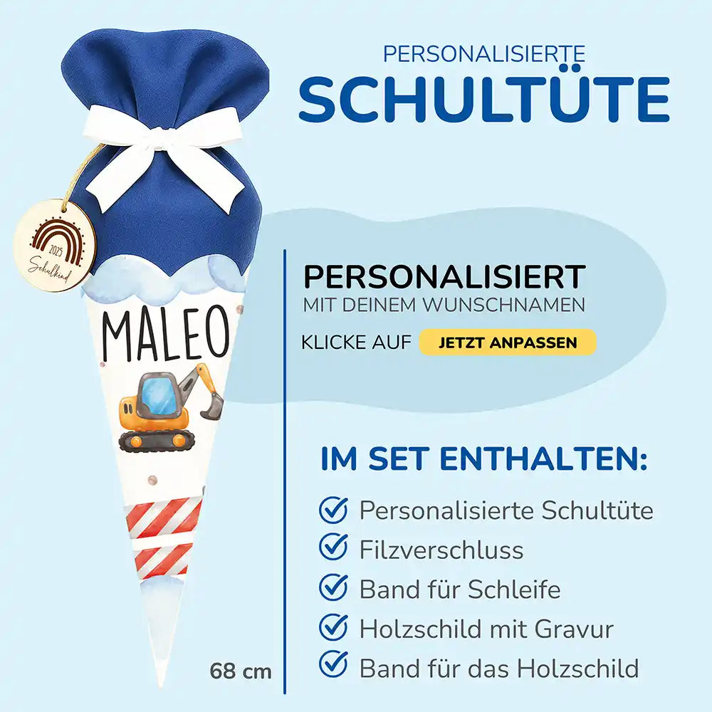 Personalisierte Schultüte mit Namen -  Bagger