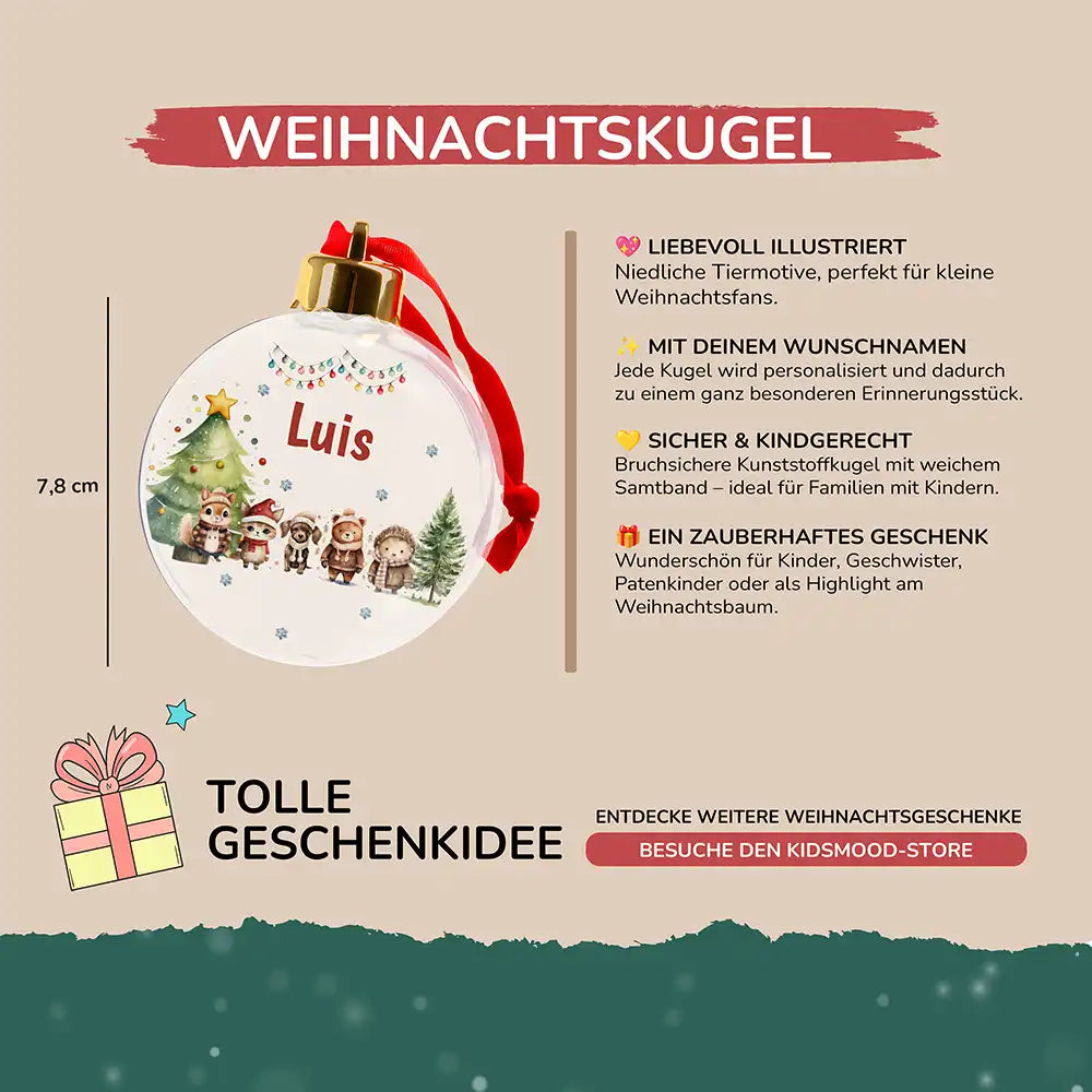 Weihnachtskugel personalisiert mit Namen - Zarte Waldfreunde mit Winterzauber